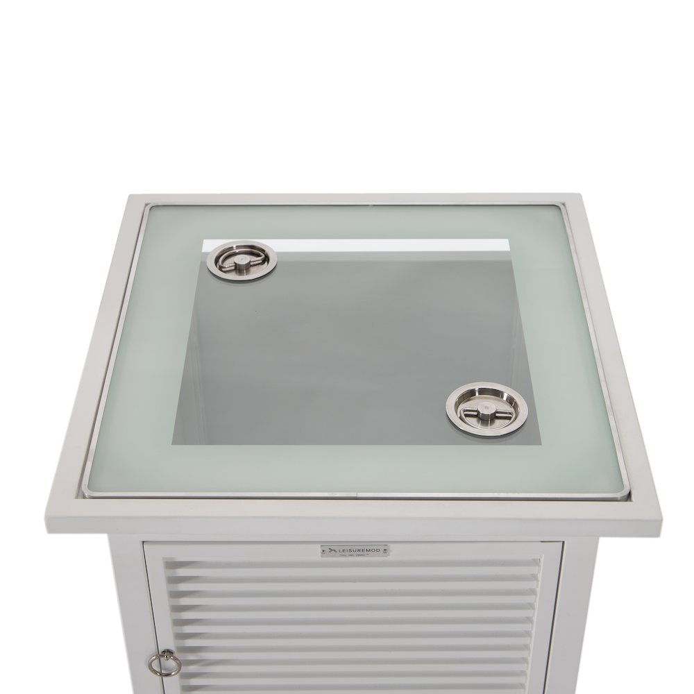 Walbrooke Patio Square Fire Pit and Tank Holder with Slats Design in White. Picture 19