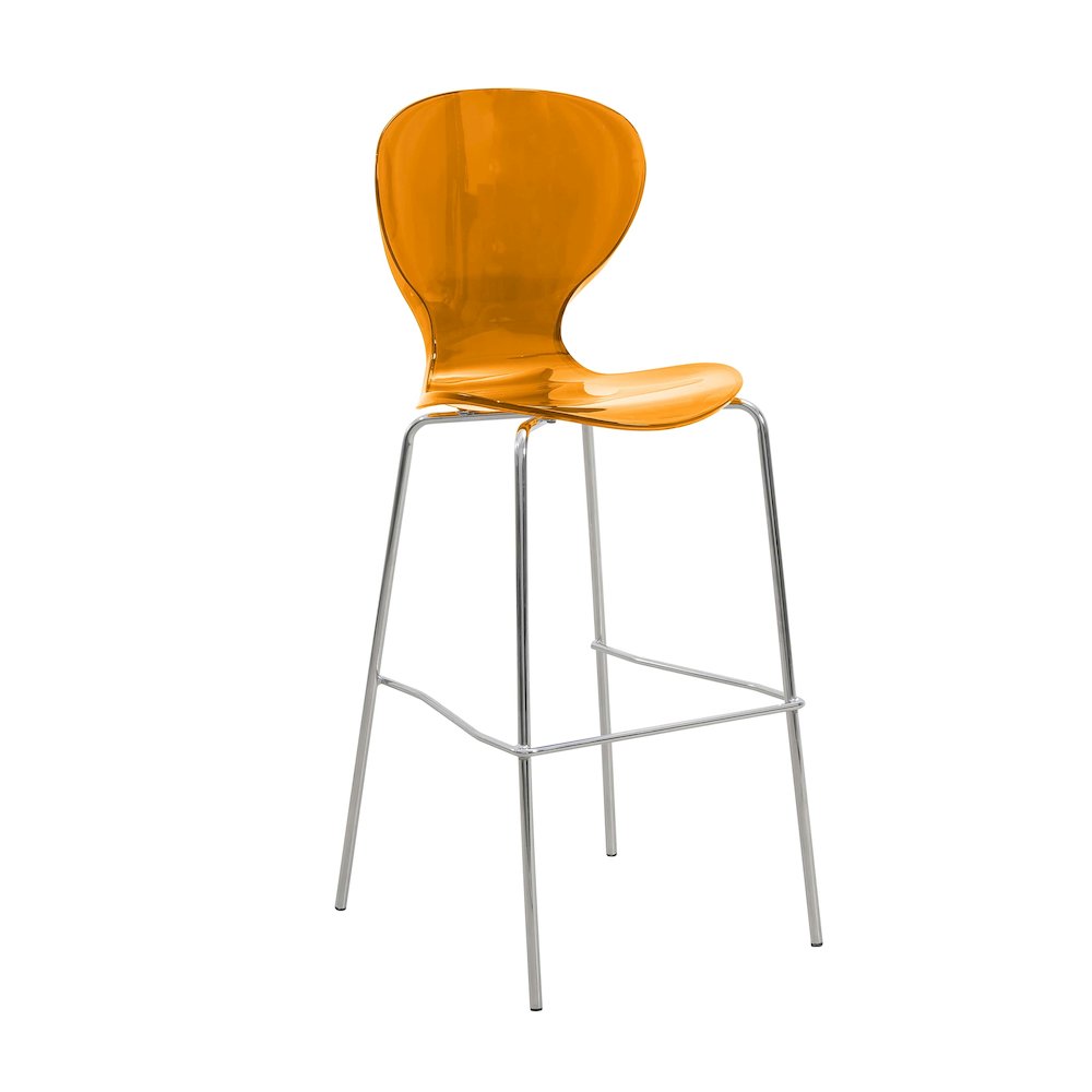 Oyster Acrylic Barstool with Steel Frame in Chrome Finish in Transparent Orange. Picture 1