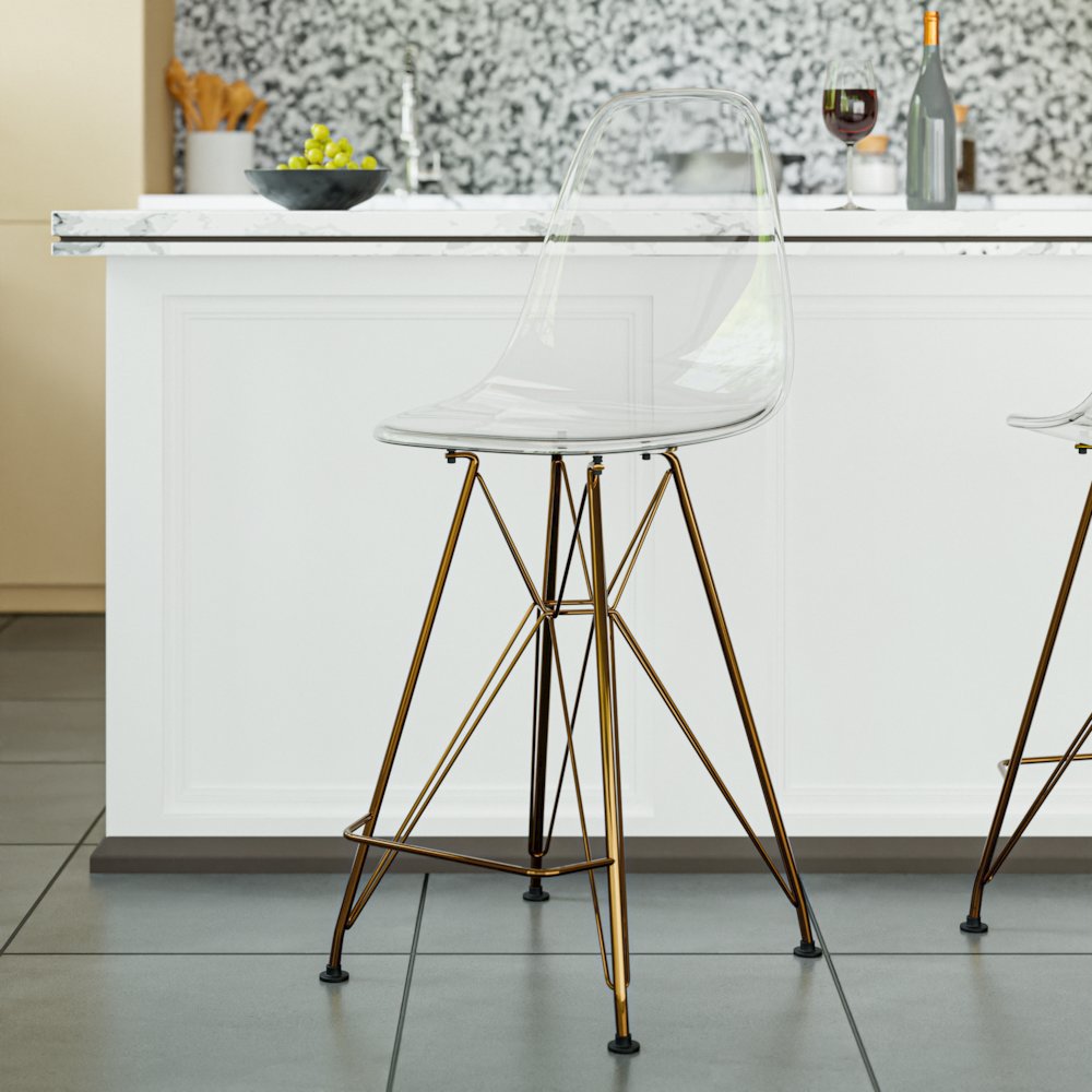 Cresco Modern Acrylic Barstool with Gold Chrome Base and Footrest. Picture 11