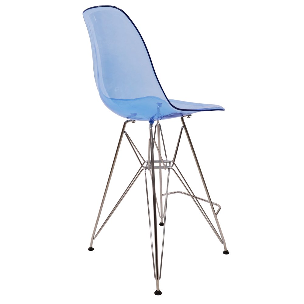 Cresco Modern Acrylic Barstool with Chrome Base and Footrest in Transparent Blue. Picture 2