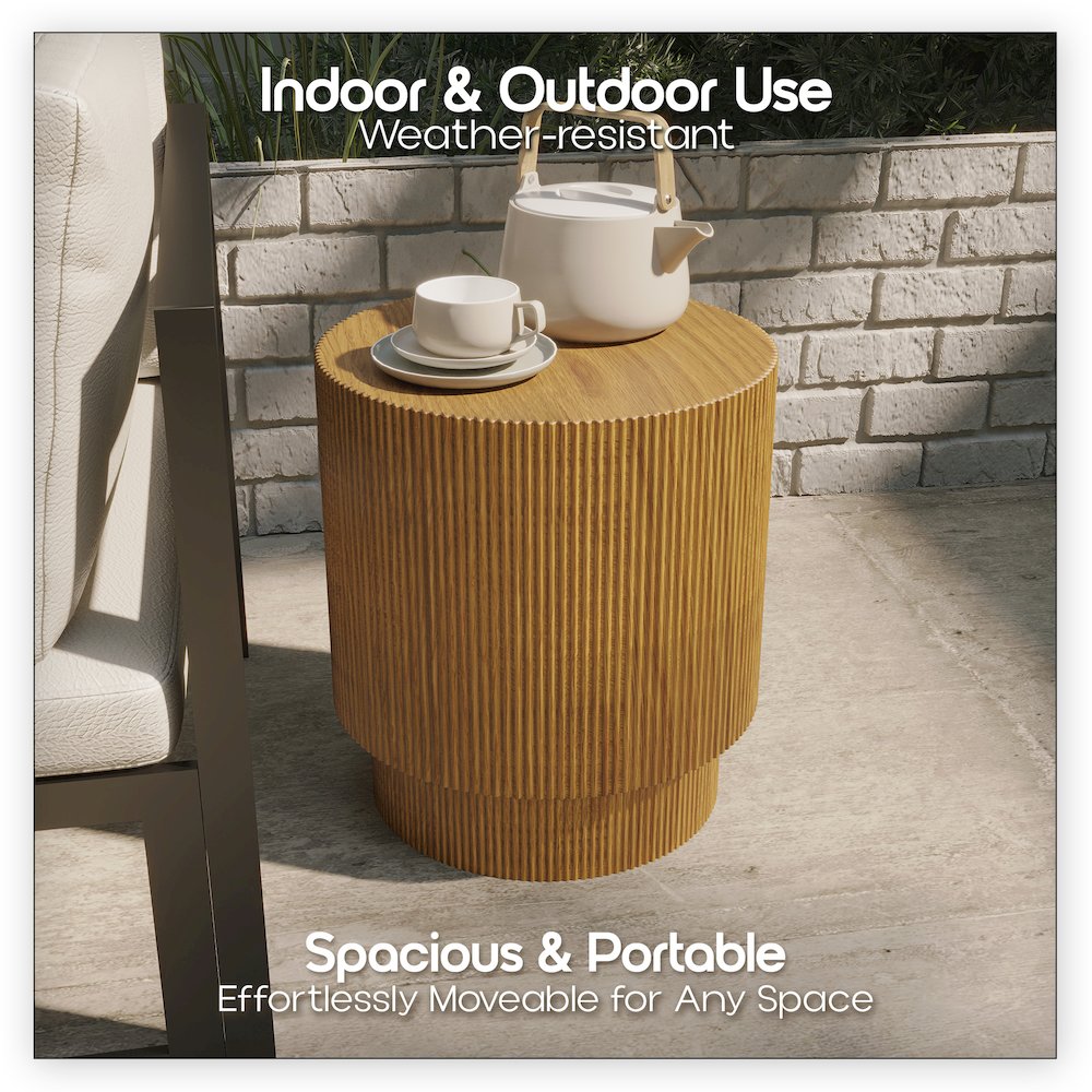 Eden Collection Fiberglass Outdoor Side Table in Wood Brown. Picture 9