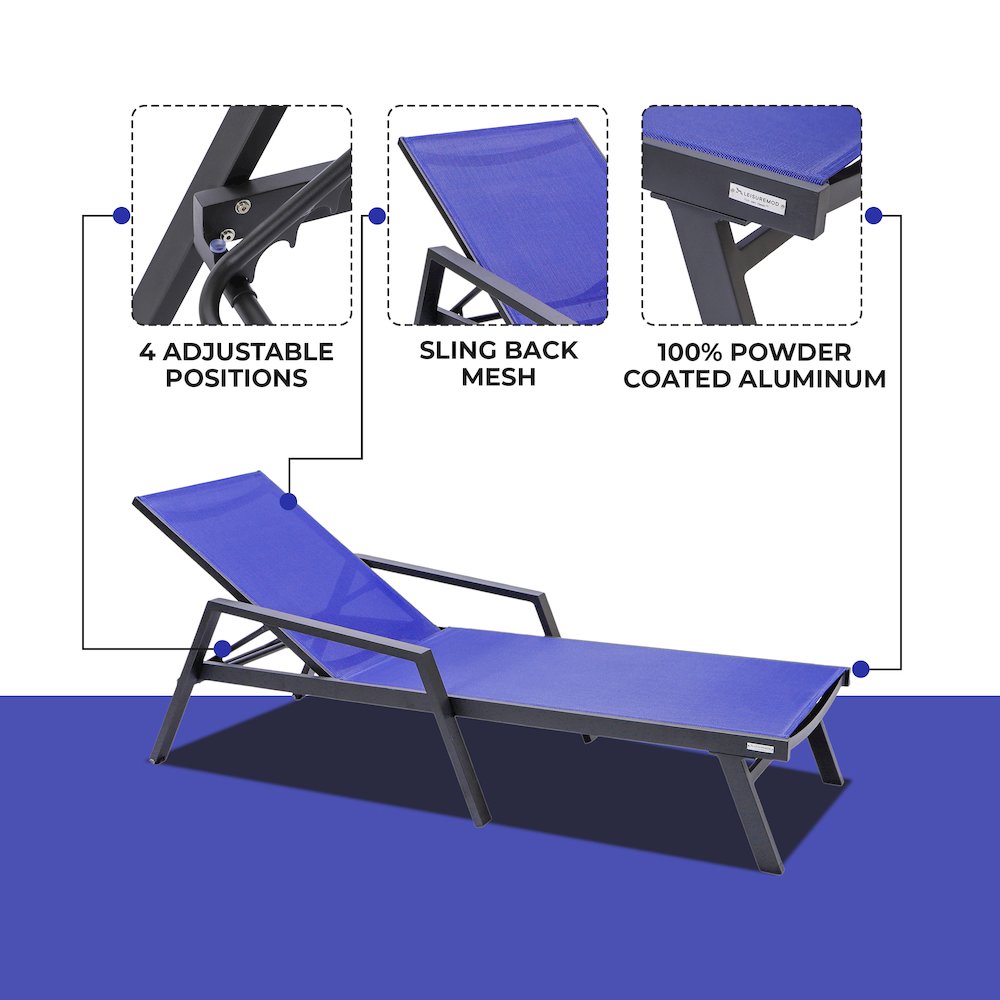 Marlin Patio Chaise Lounge Chair With Armrests in Black Aluminum Frame. Picture 3
