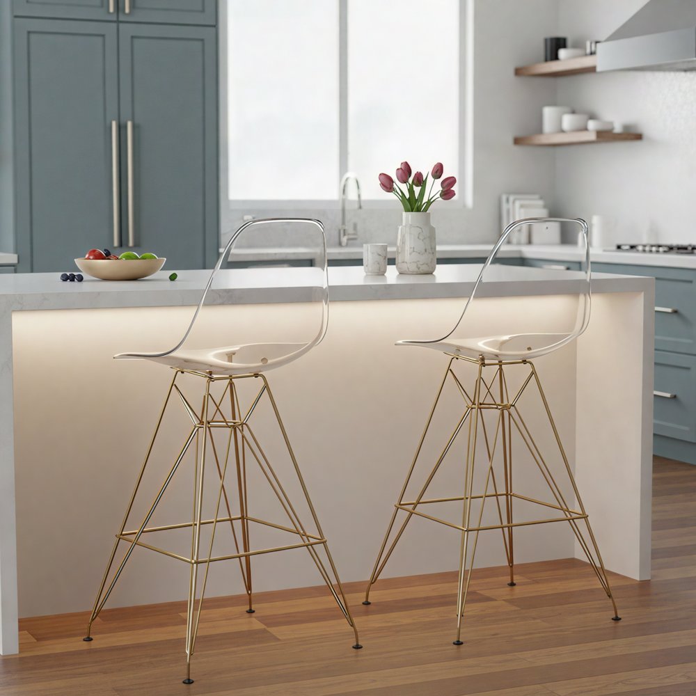 Cresco Modern Acrylic Barstool with Gold Chrome Base and Footrest. Picture 3