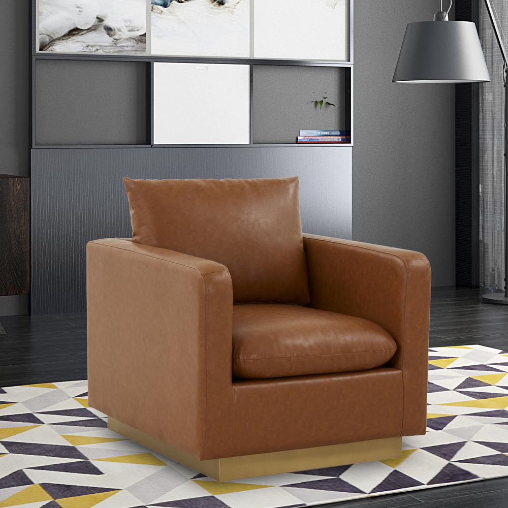 LeisureMod Nervo Leather Accent Armchair With Gold Frame, Cognac Tan. Picture 6