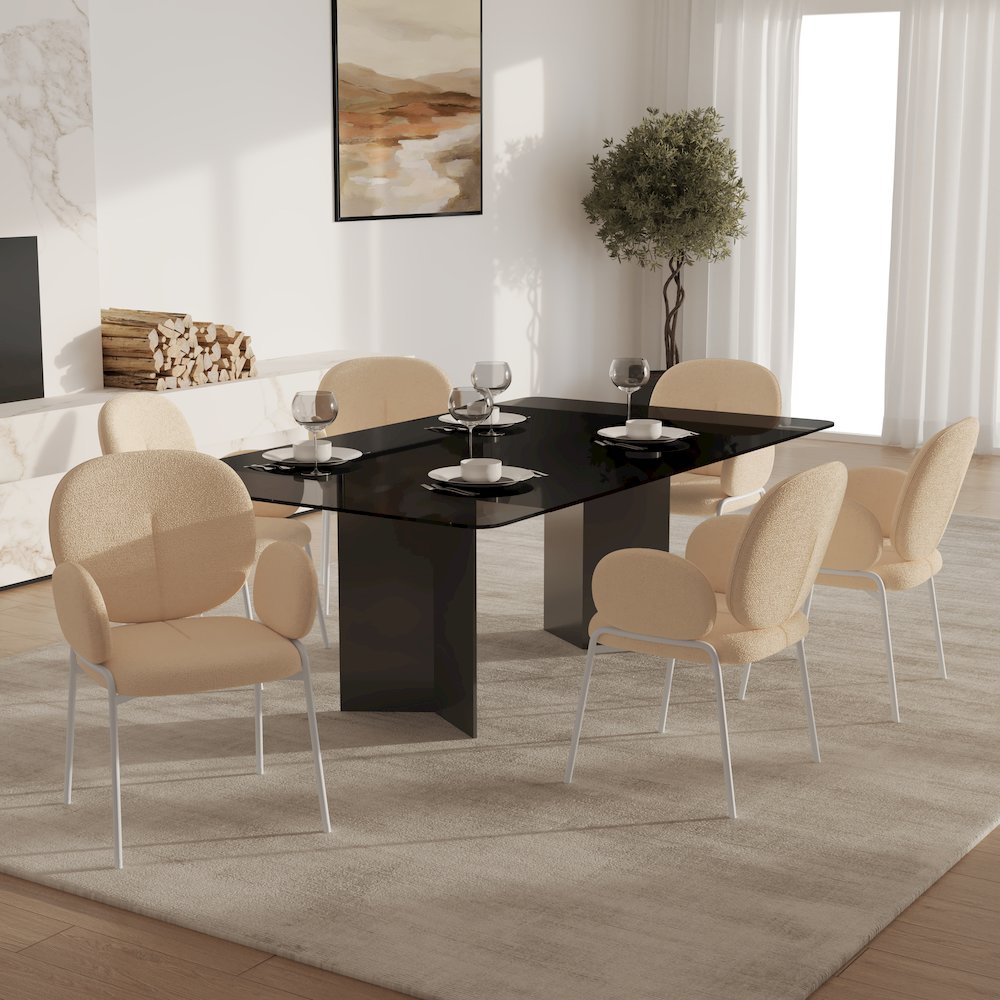 Celestial Series Boucle Dining Arm Chair, White Frame with Beige Fabric. Picture 2