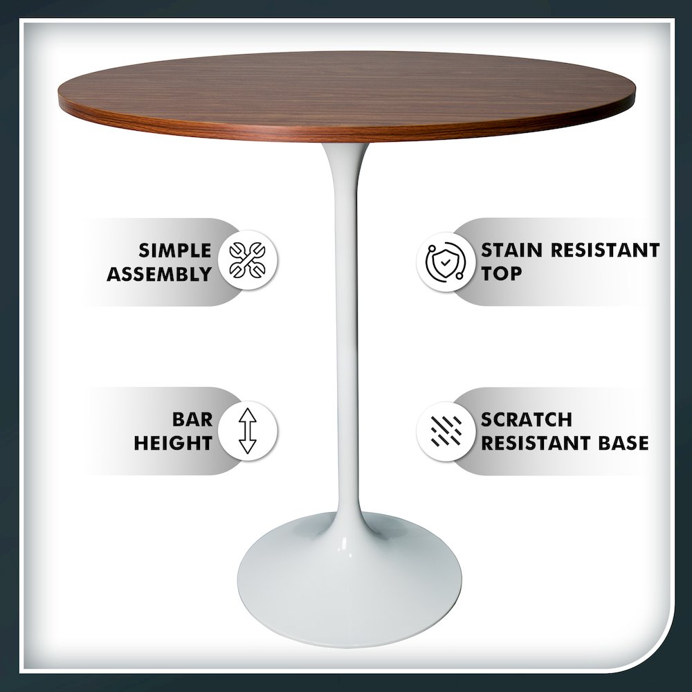 Bar Height Table White Base with 36" Round Cognac Brown MDF Top. Picture 5