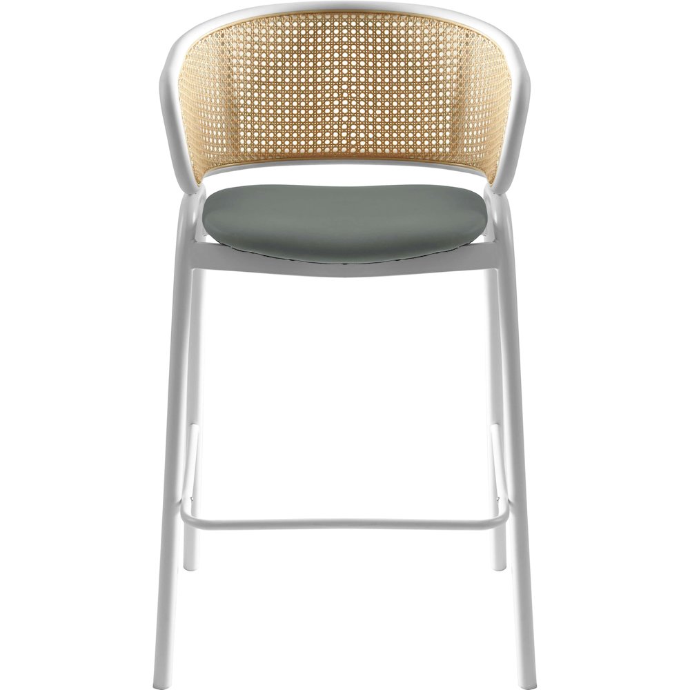 Ervilla Wicker Bar Stool with Fabric Seat and White Steel Frame - Grey leather. Picture 7