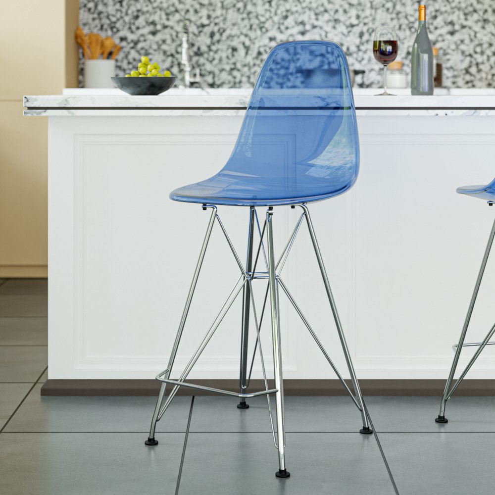 Cresco Modern Acrylic Barstool with Chrome Base and Footrest in Transparent Blue. Picture 6