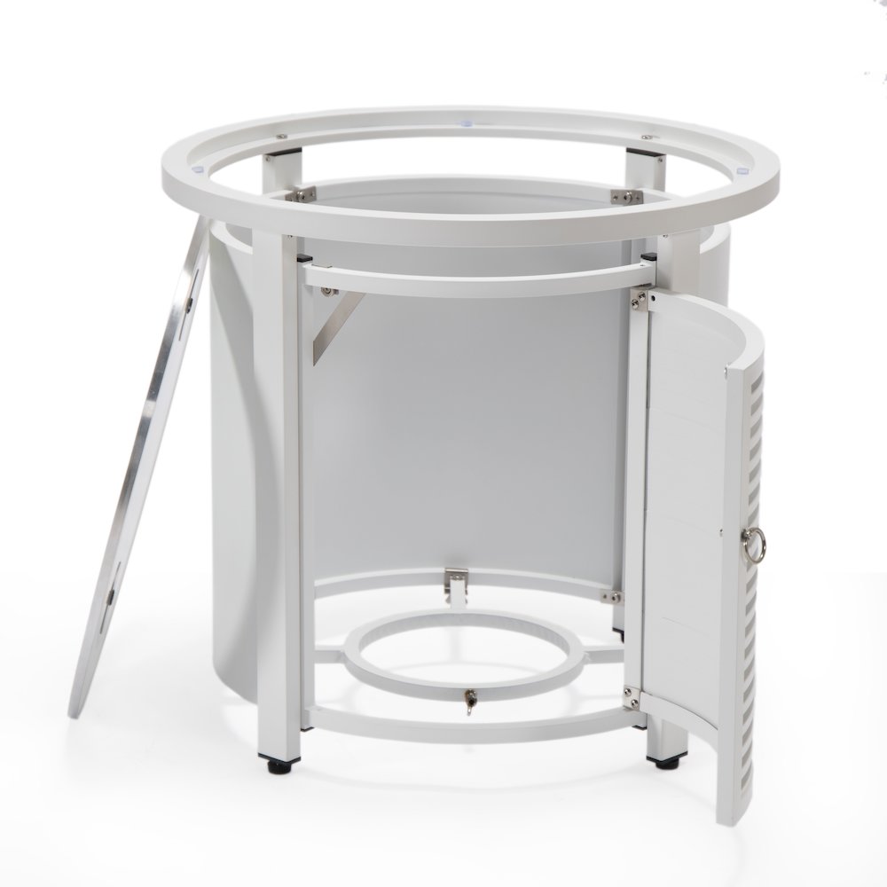 Walbrooke Patio Round Fire Pit and Tank Holder with Slats Design in White. Picture 18