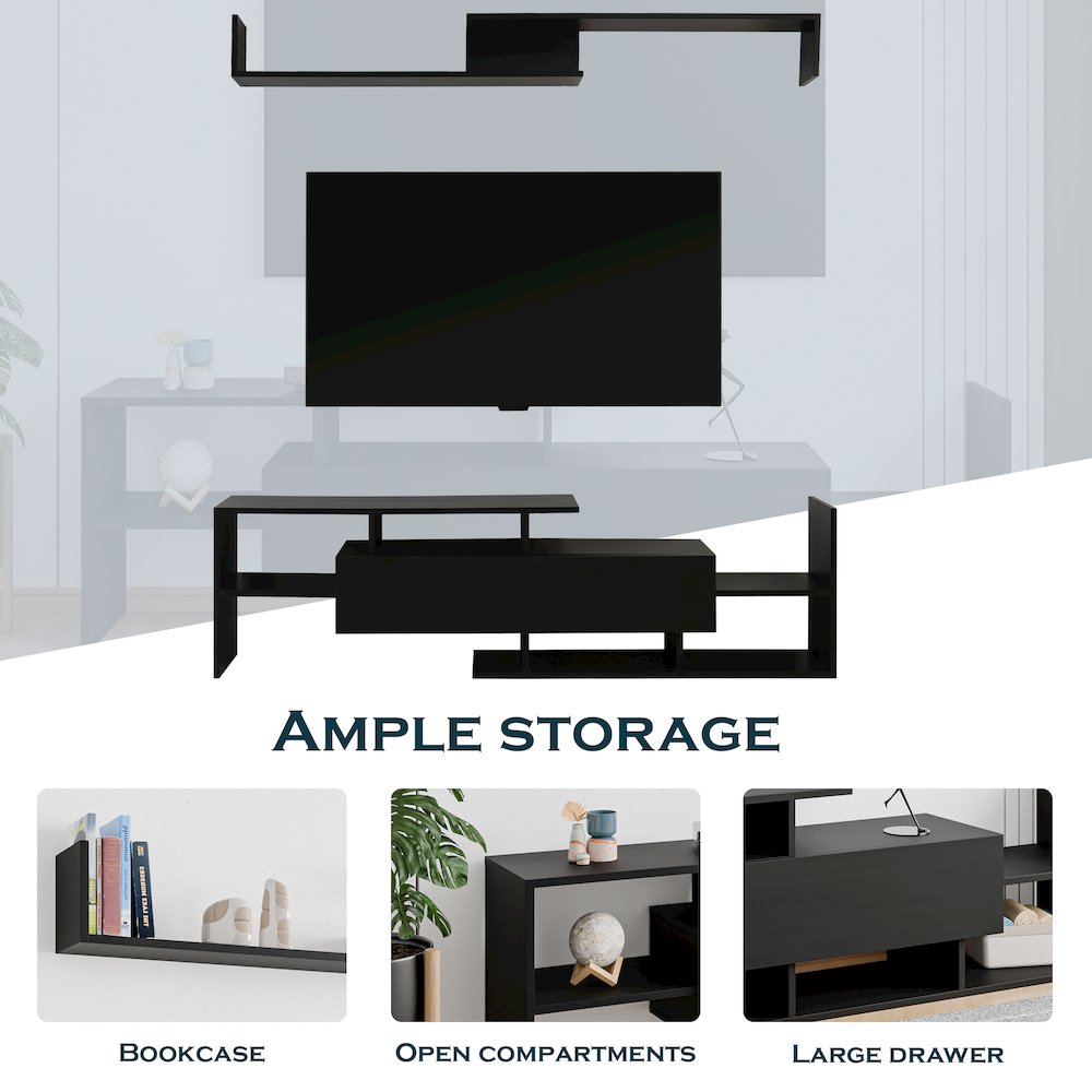 Surrey Modern TV Stand with MDF Shelves and Bookcase in Ebony. Picture 3