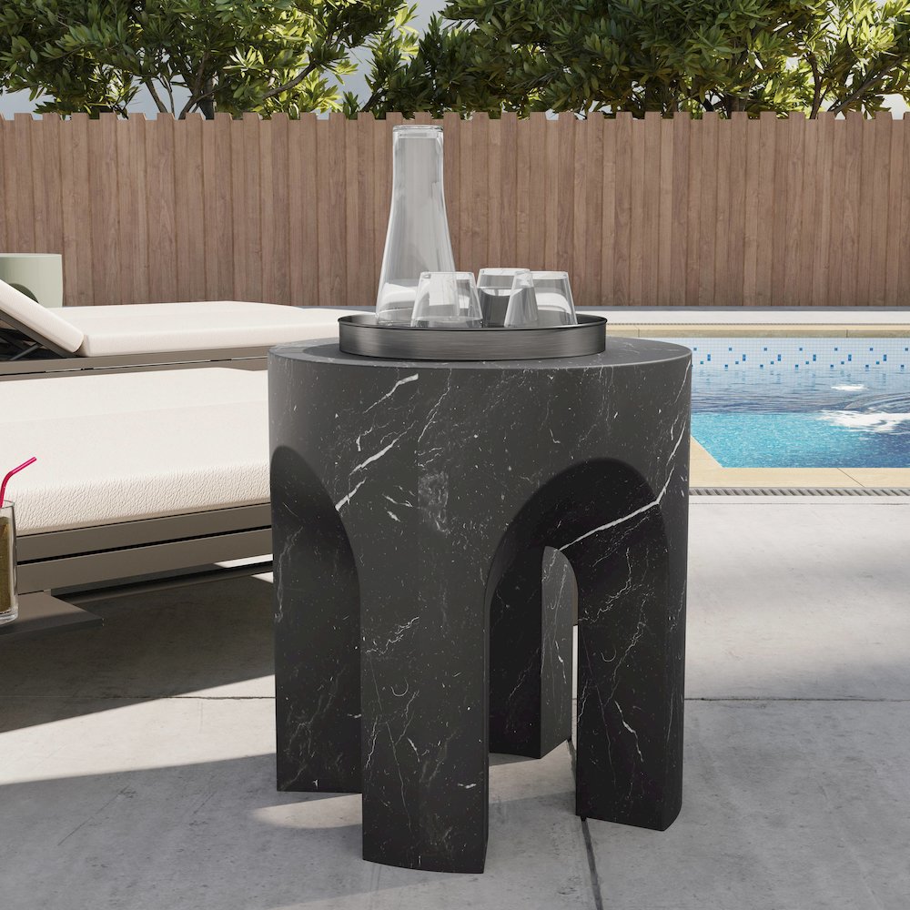Crus Collection Fiberglass Outdoor Side Table Marbleized Black. Picture 4