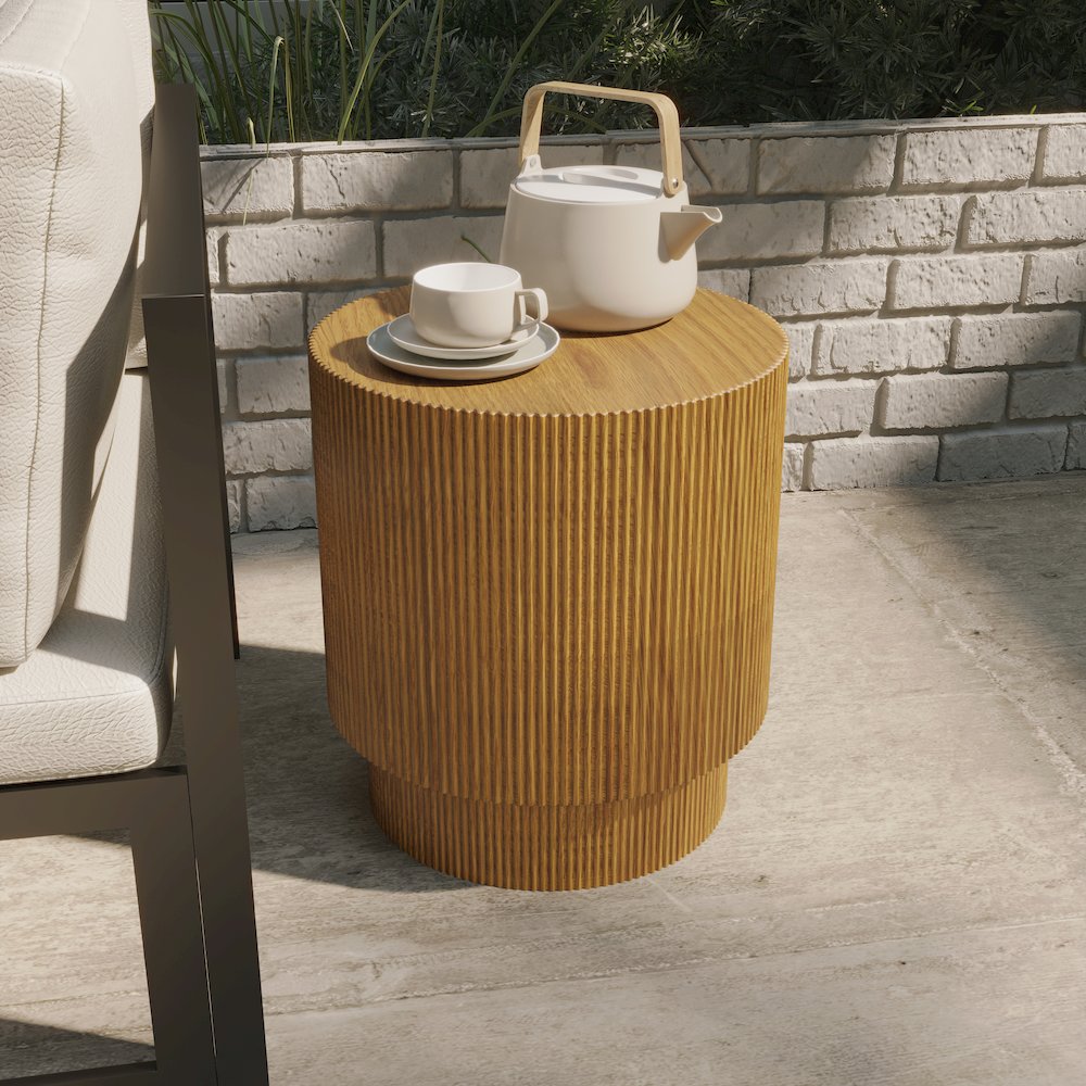 Eden Collection Fiberglass Outdoor Side Table in Wood Brown. Picture 6
