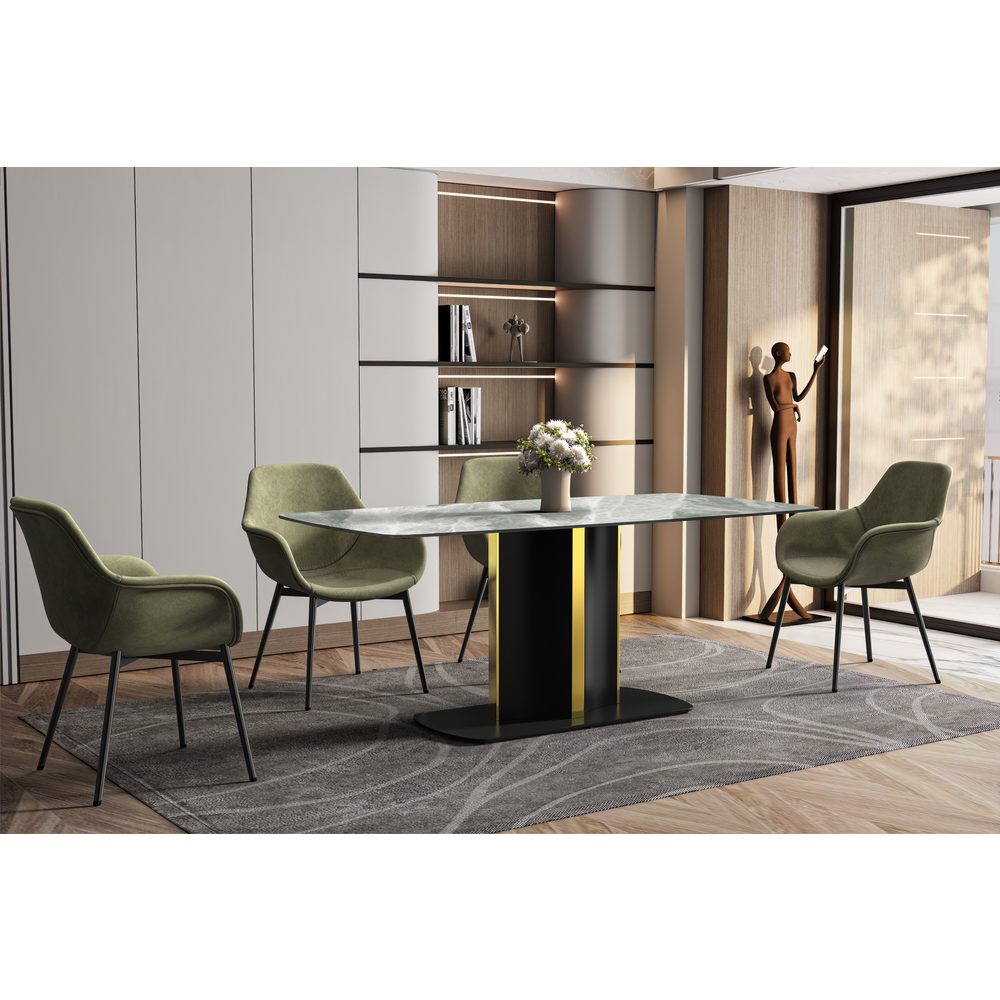 Modern Dining Table Black and Gold Base, With 55 Light Grey Sintered Stone Top. Picture 5