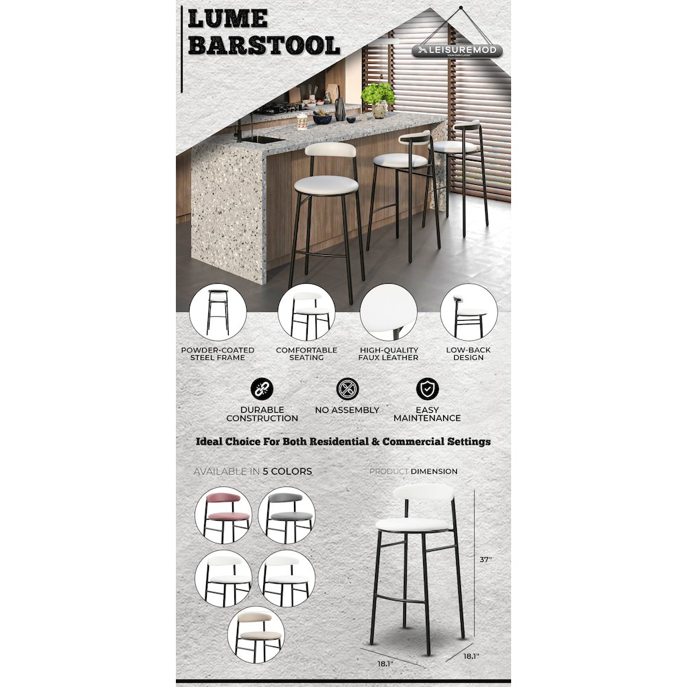 Lume Collection Modern Bar Stool in White. Picture 11