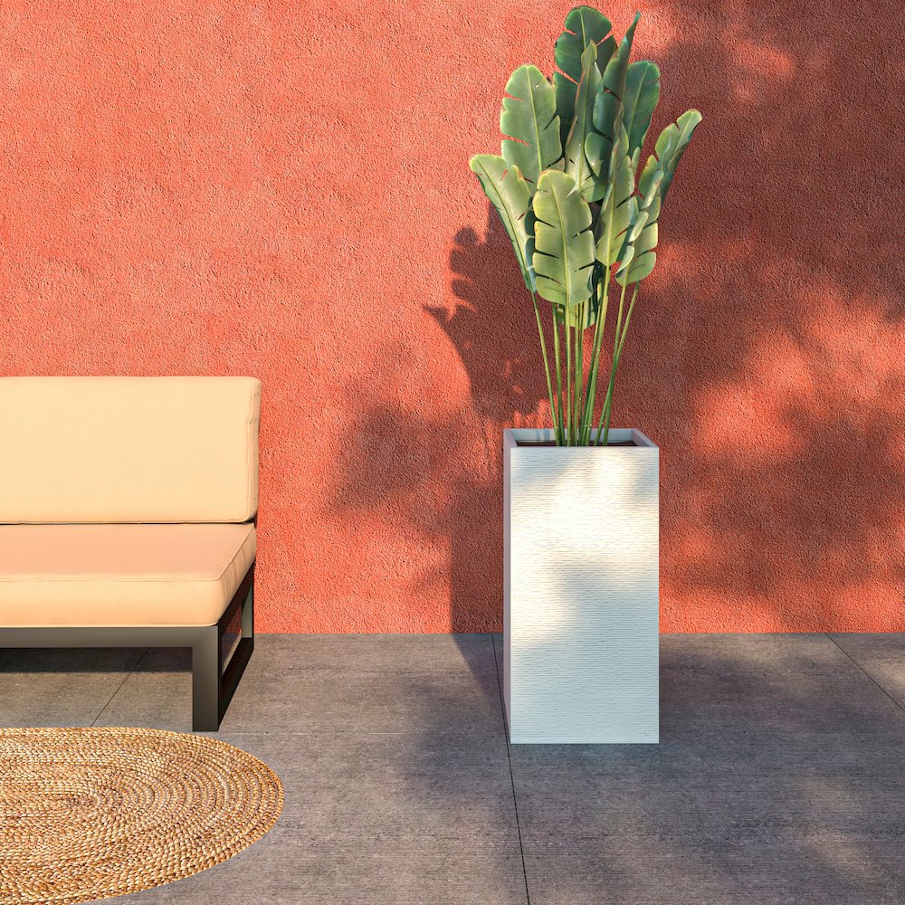 Basalt Series Poly Stone Planter 13.8" Square 27.6" High in White. Picture 11