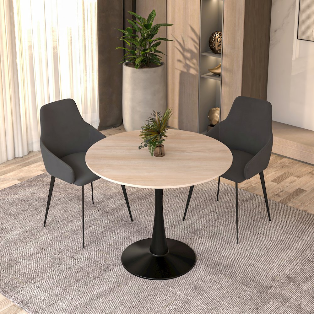 Bristol 35" Round Dining Table Black Base with Sintered Stone Natural Wood Top. Picture 2