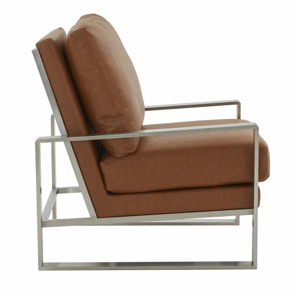LeisureMod Jefferson Leather Modern Design Accent Armchair With Elegant Silver Frame, Cognac Tan. Picture 3