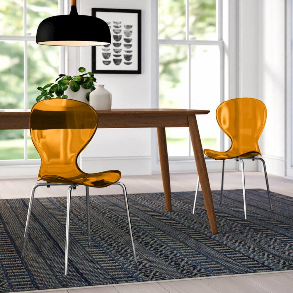 Modern Oyster Side Chair in Transparent Orange with Chromed Base Set of 2. Picture 14