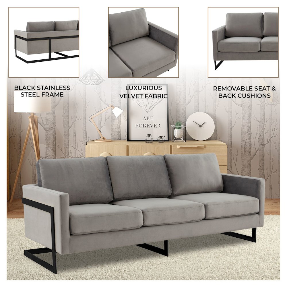Lincoln Light Grey Velvet Sofa With Black Frame. Picture 2
