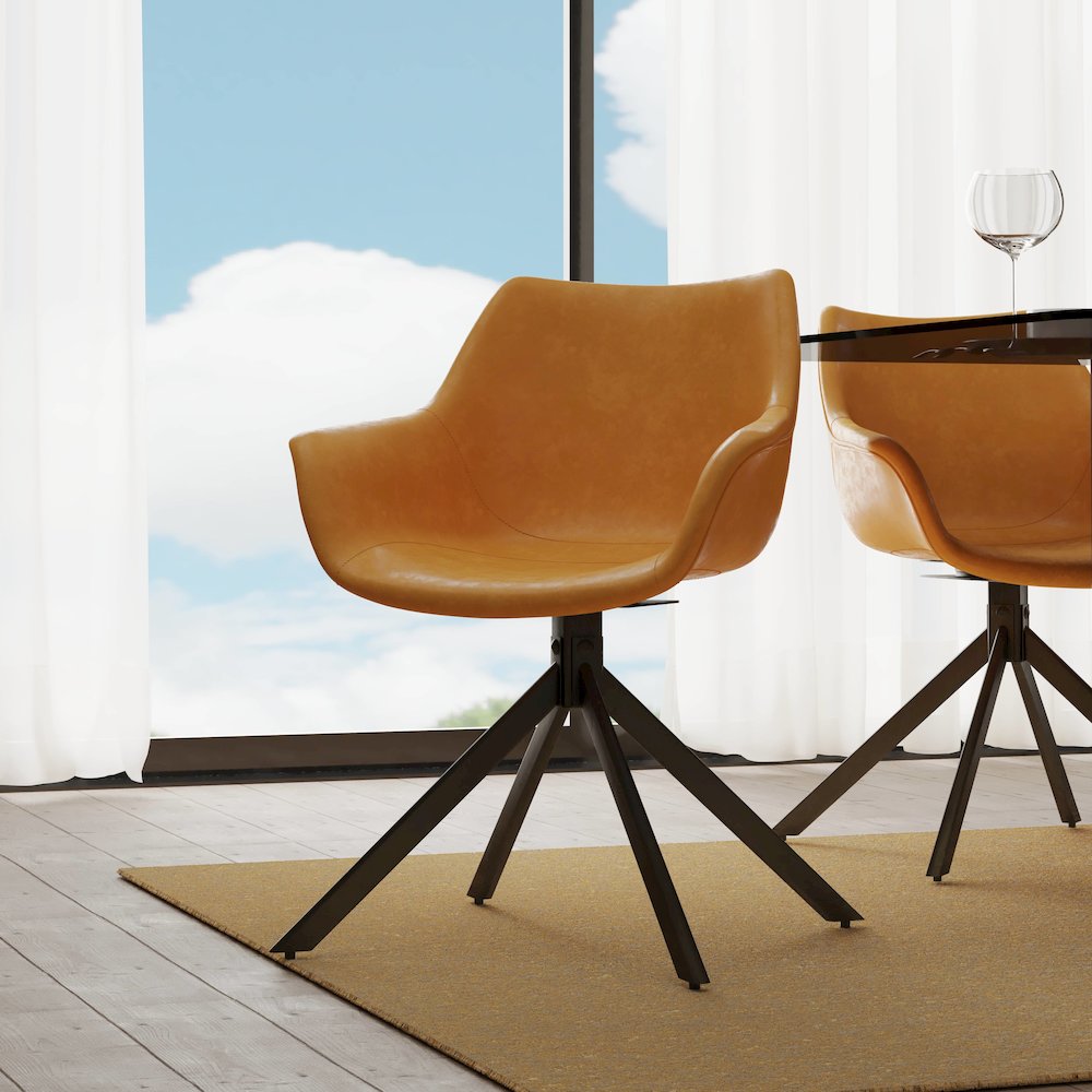Markley Modern Leather Dining Swival Arm Chair in Light Brown. Picture 8