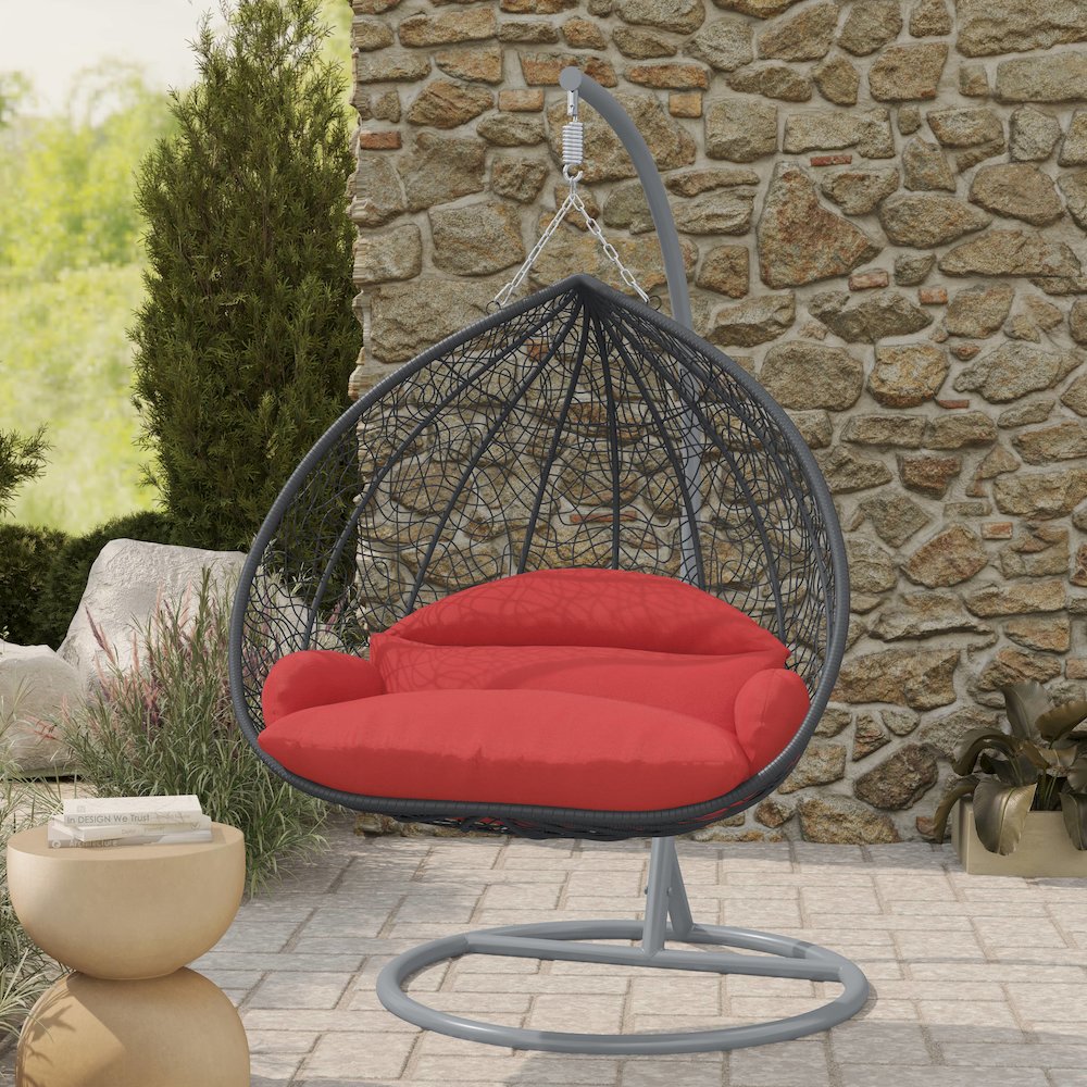 Recluse Collection Modern Outdoor Swing Chair Grey Frame with ES57 Red Cushion. Picture 9