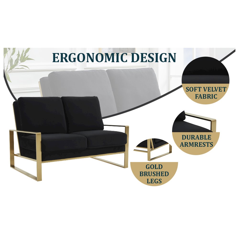 Jefferson Contemporary Modern Velvet Loveseat With Gold Frame. Picture 9
