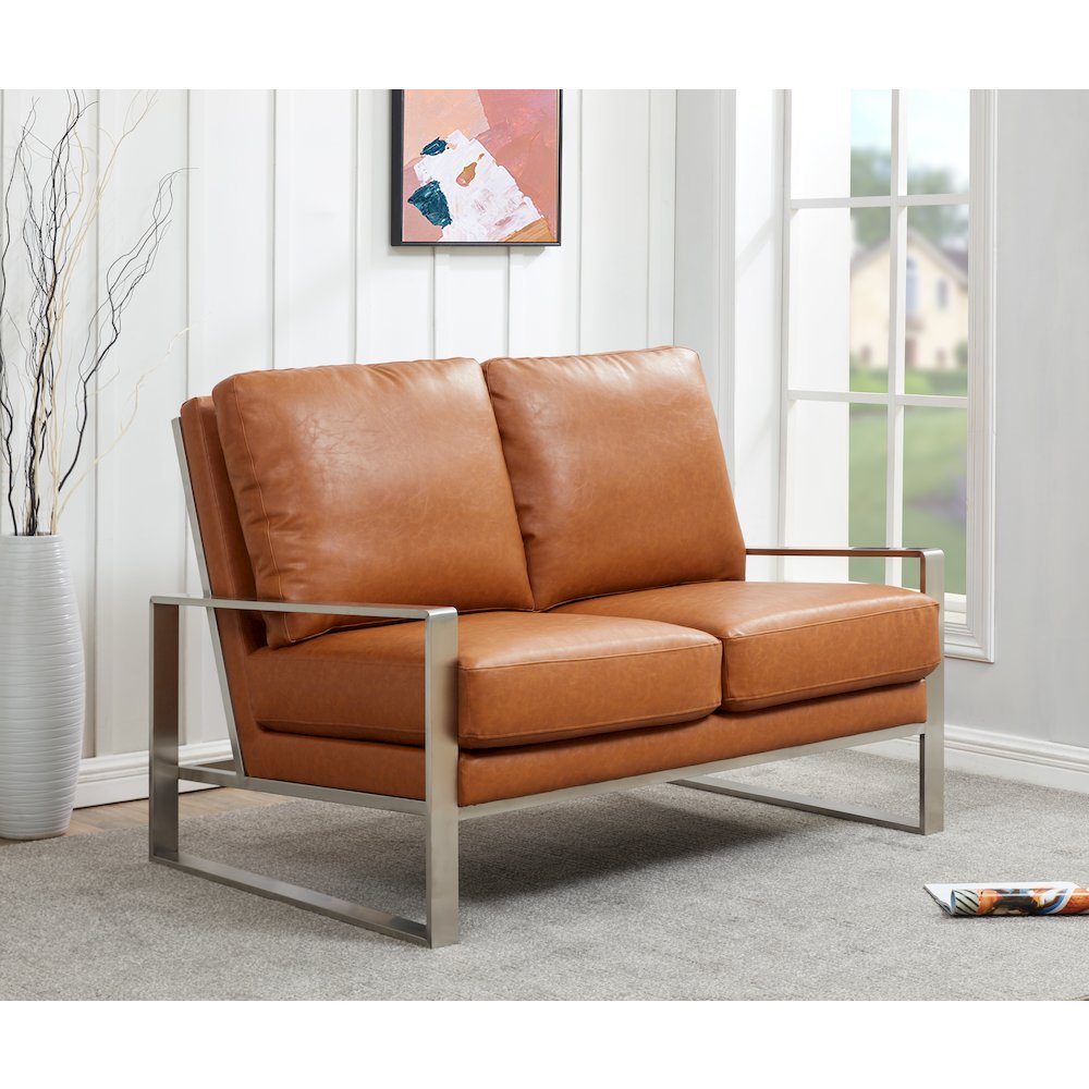 Jefferson Contemporary Modern Faux Leather Loveseat With Silver Frame. Picture 2