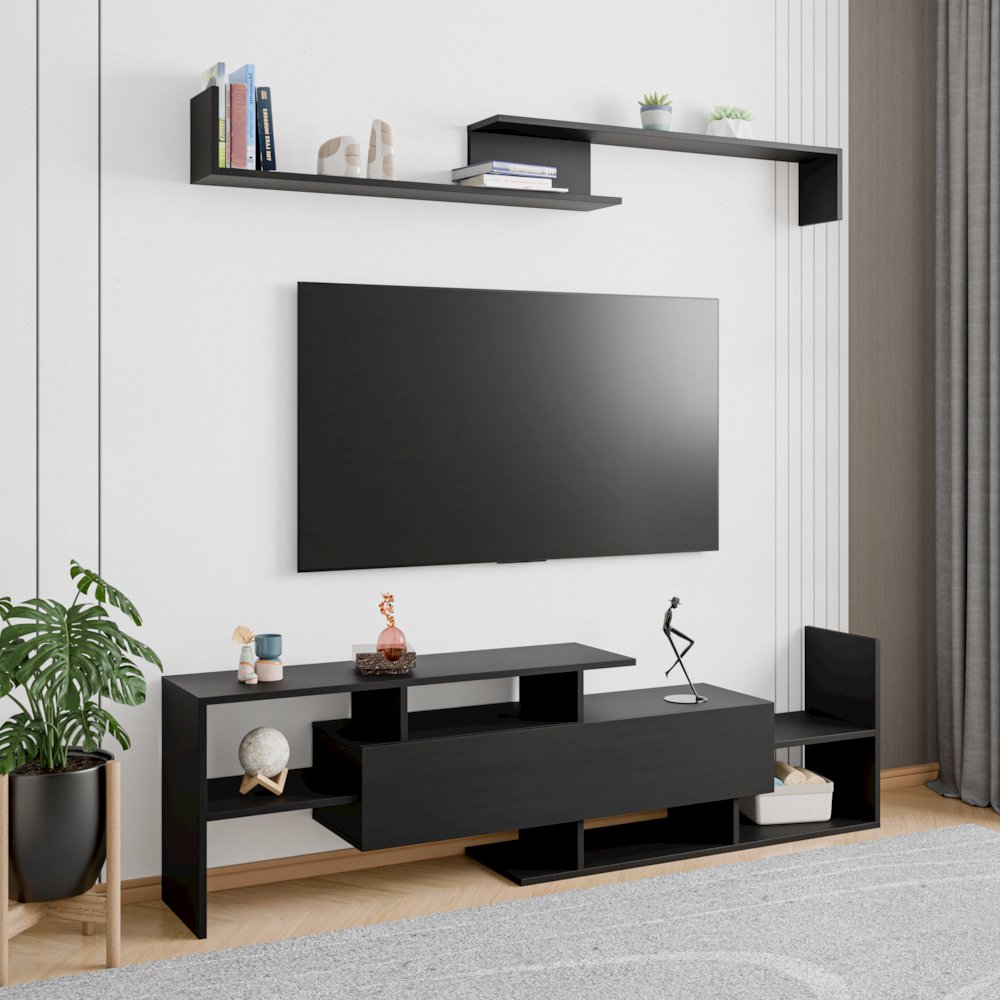 Surrey Modern TV Stand with MDF Shelves and Bookcase in Ebony. Picture 24