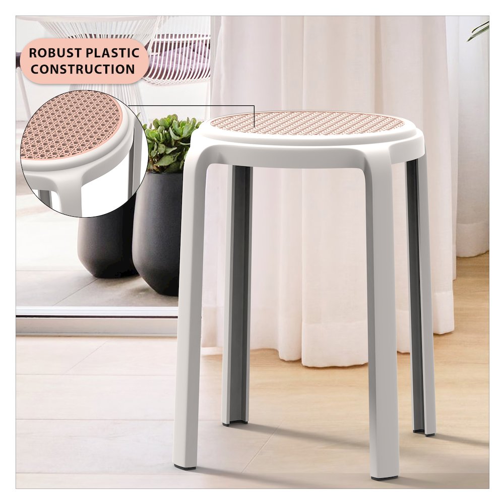 Tresse Series Stackable Round Poly Stool With Wicker Top 13 in White. Picture 2