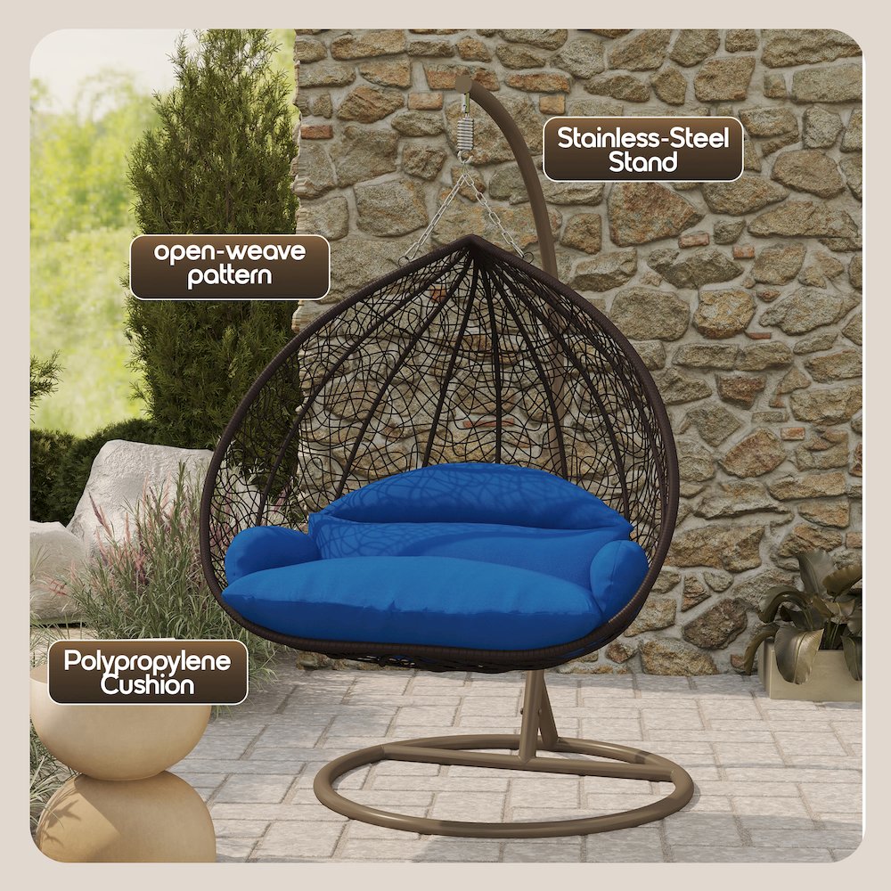 Recluse Collection Modern Outdoor Swing Chair Brown Frame with Blue Cushion. Picture 5