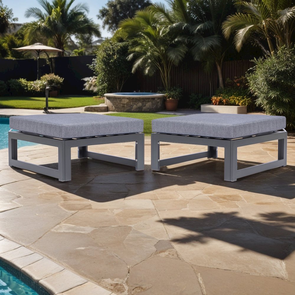 Chelsea Outdoor Patio Black Aluminum Ottomans With Cushions Set Of 2. Picture 7
