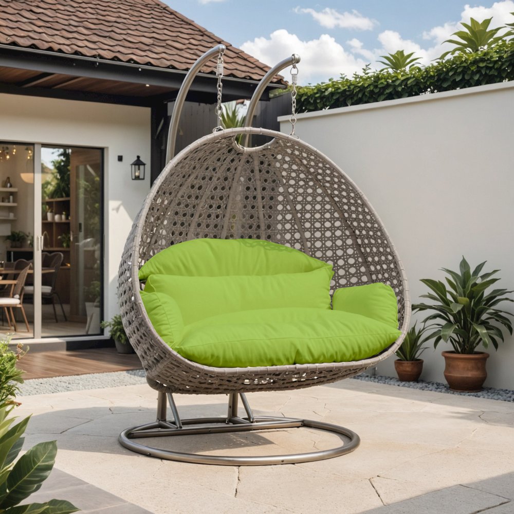 Beige Wicker Hanging 2 person Egg Swing Chair. Picture 1