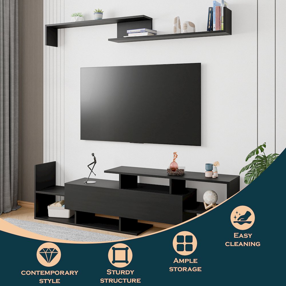 Surrey Modern TV Stand with MDF Shelves and Bookcase in Ebony. Picture 2