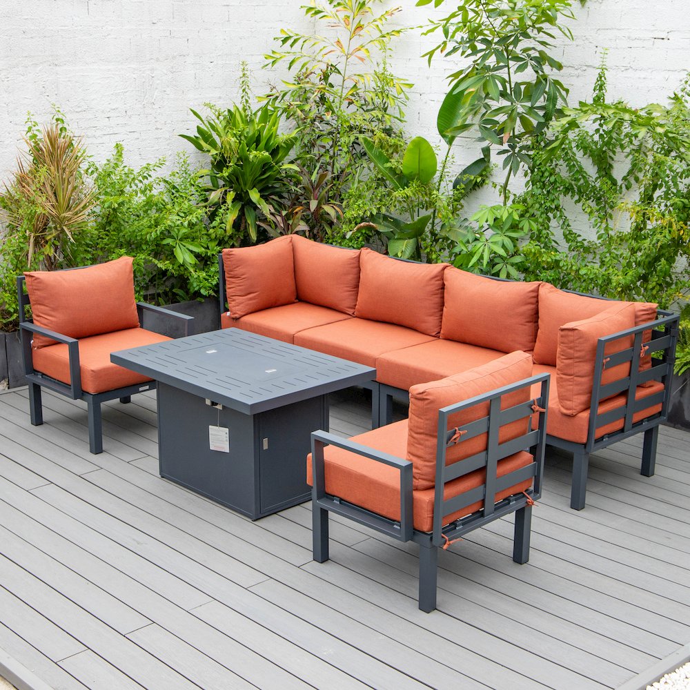 Chelsea 7-Piece Patio Sectional And Fire Pit Table Black Aluminum With Cushions. Picture 33