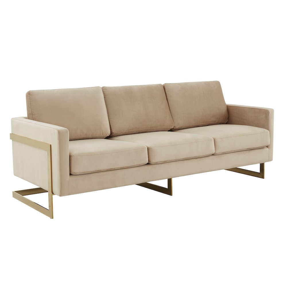 Lincoln Modern Mid-Century Upholstered Velvet Sofa with Gold Frame. Picture 1