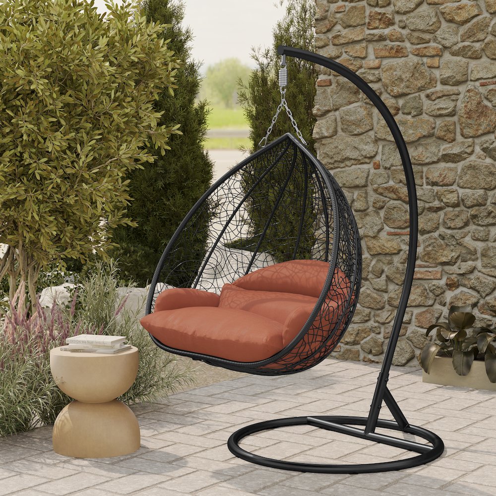 Recluse Collection Modern Outdoor Swing Chair Black Frame with Orange Cushion. Picture 9