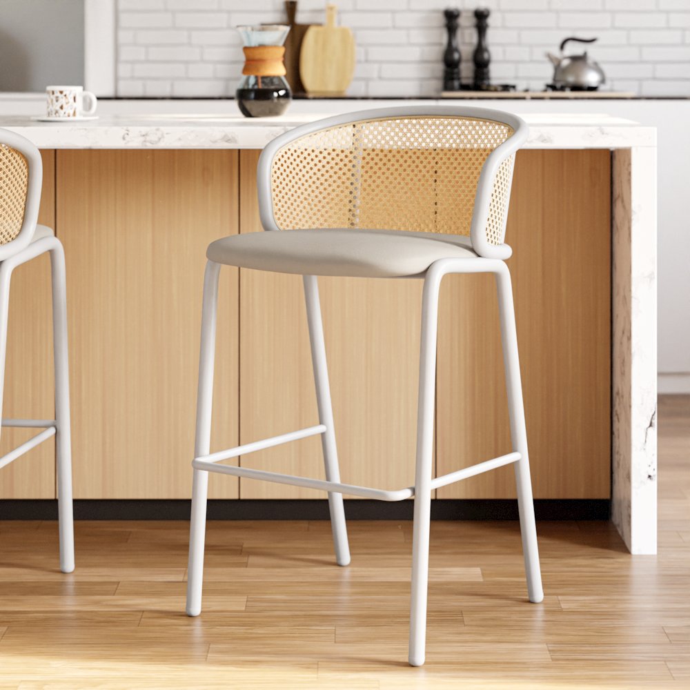 Ervilla Mid-Century Modern Wicker Bar Stool in Beige. Picture 2