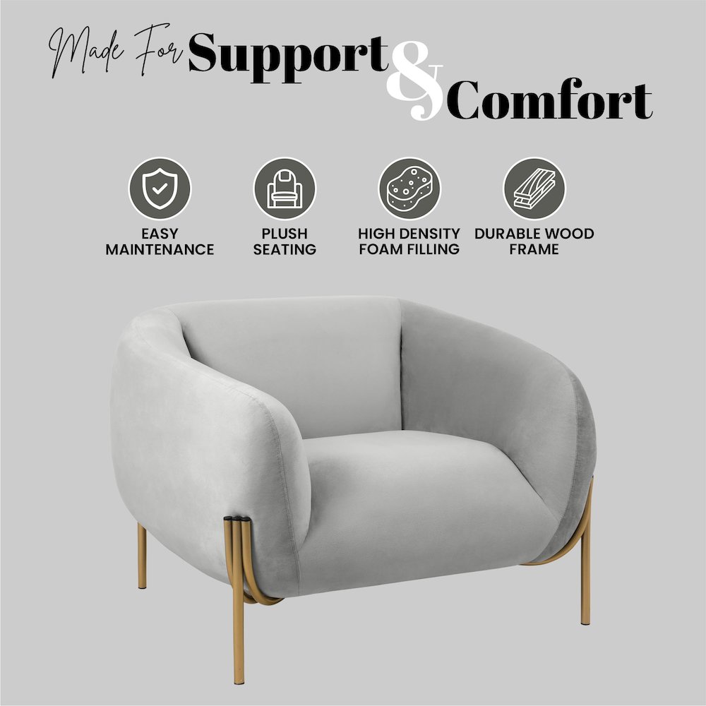 Zuno Collection Modern Single Seater Sofa in Light Grey Velvet. Picture 3