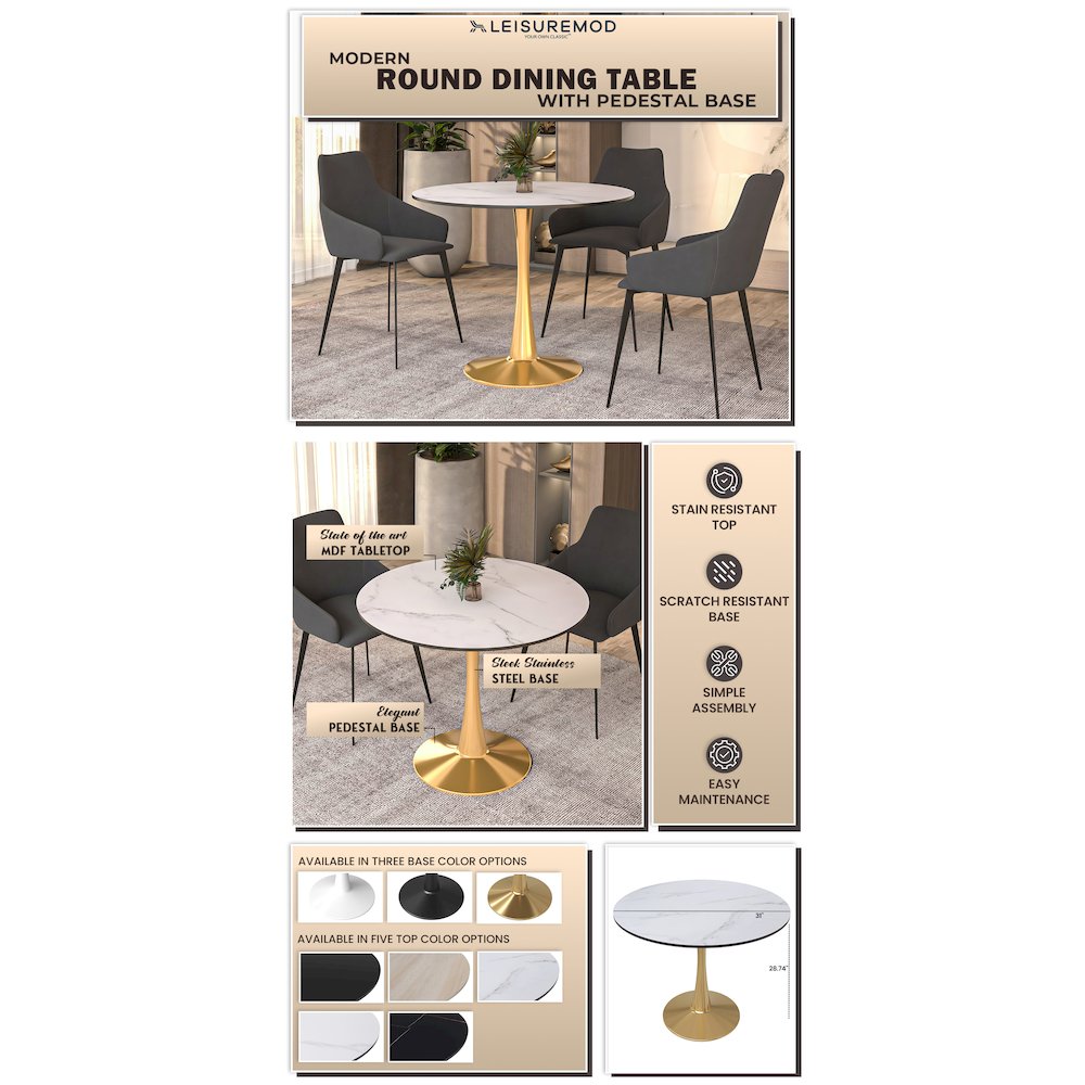 Bristol 31" round dining table Gold Base With White Top. Picture 22