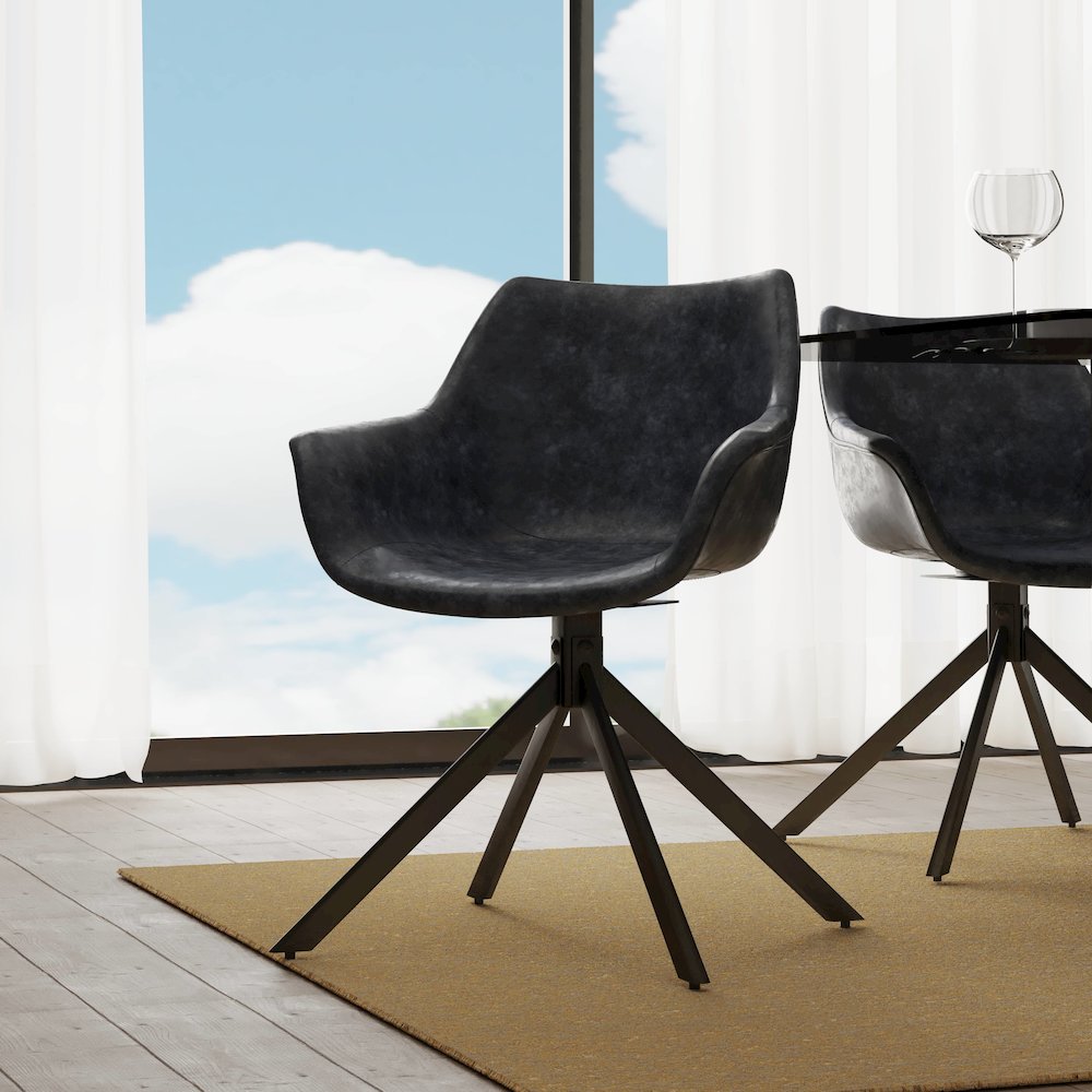 Markley Modern Leather Dining Swival Arm Chair in Black. Picture 3