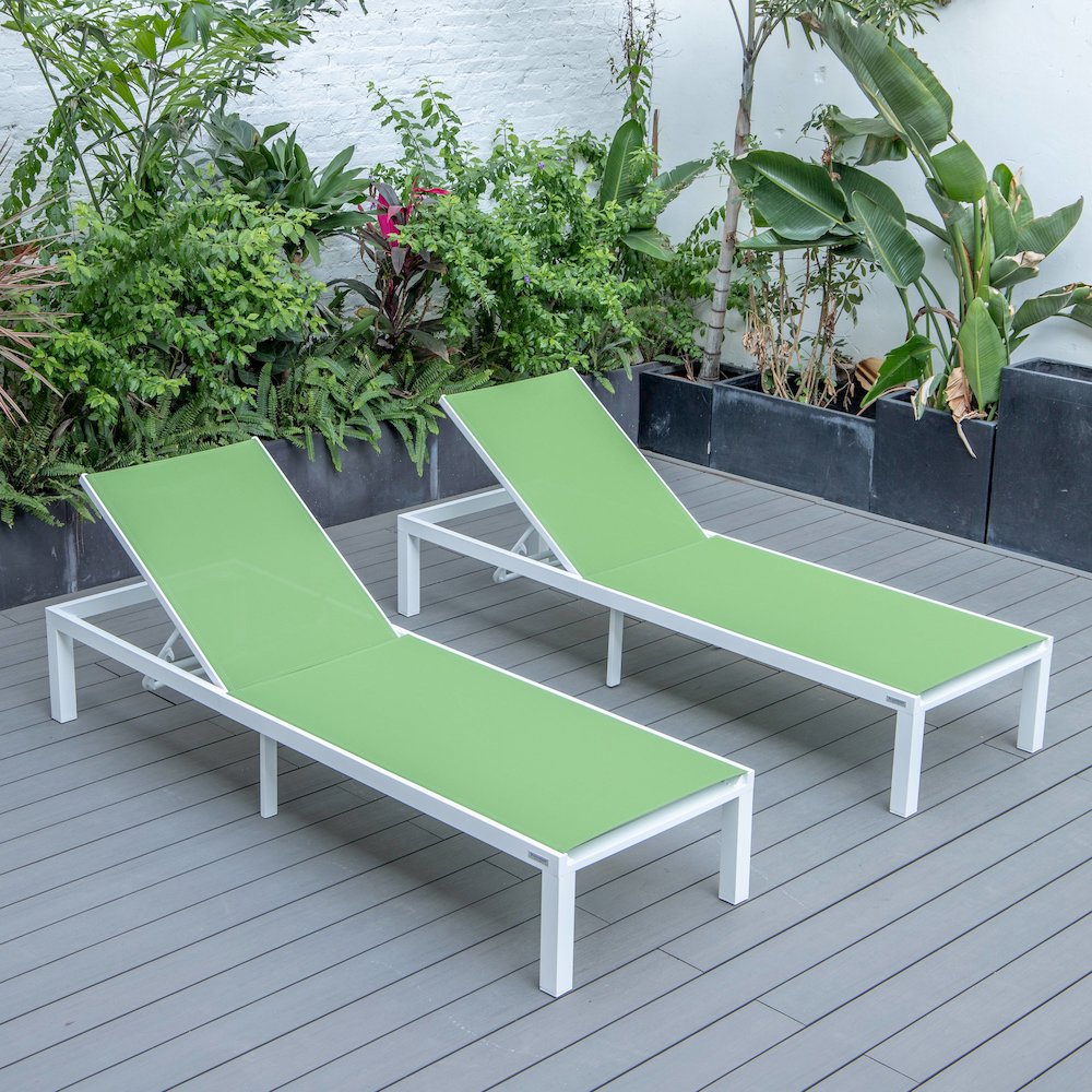 Marlin Patio Chaise Lounge Chair With White Aluminum Frame, Set of 2 in Green. Picture 1