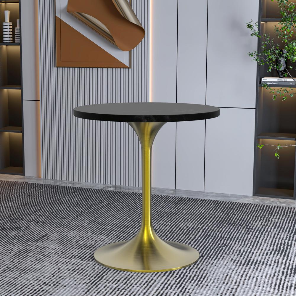 Verve Collection 27" Round Dining Table, Brushed Gold Base with Black MDF Top. Picture 3