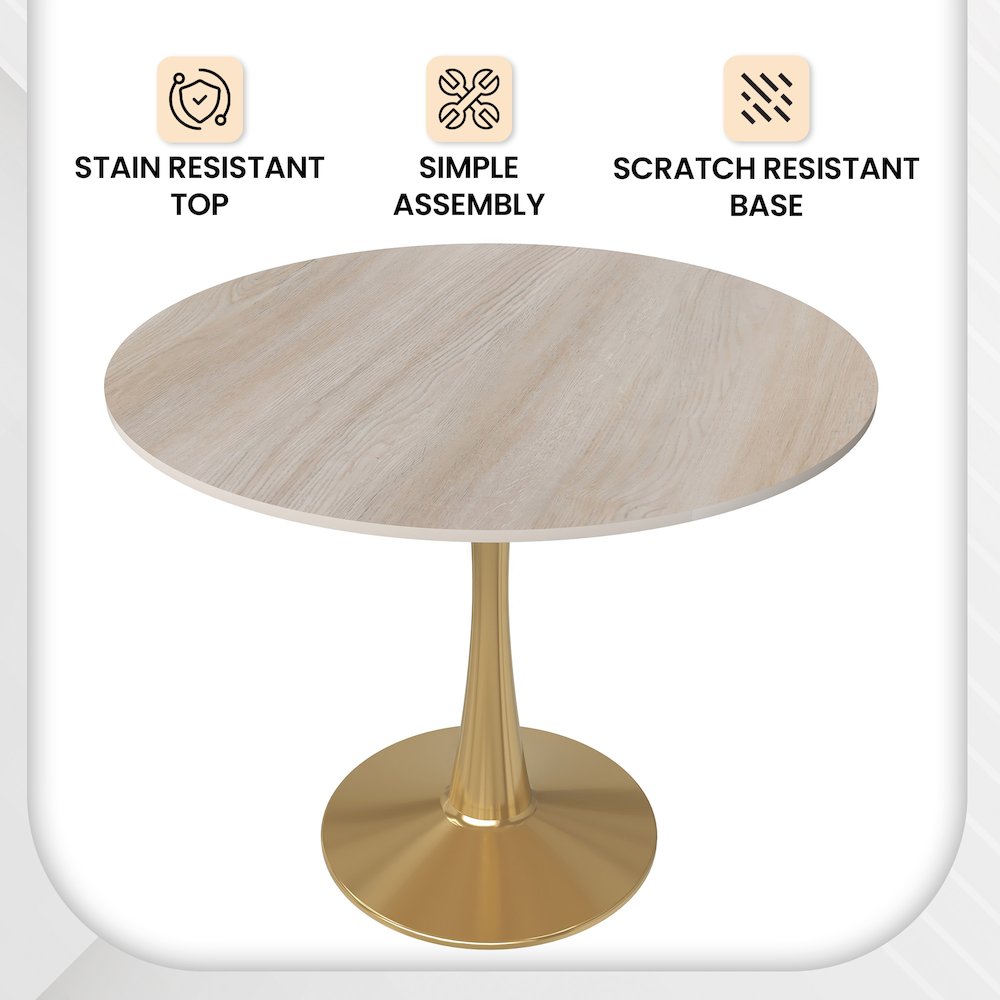 Bristol 35" Round Dining Table Gold Base with Sintered Stone Natural Wood Top. Picture 4