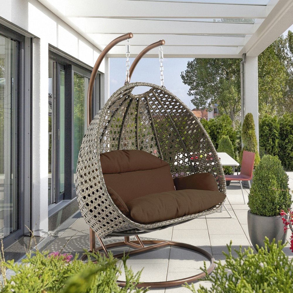 Beige Wicker Hanging 2 person Egg Swing Chair. Picture 2