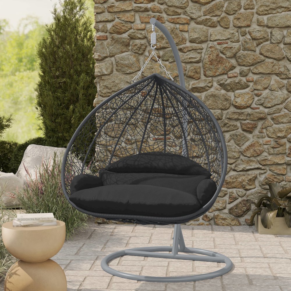 Recluse Collection Modern Outdoor Swing Chair Grey Frame with ES57 Black Cushion. Picture 9