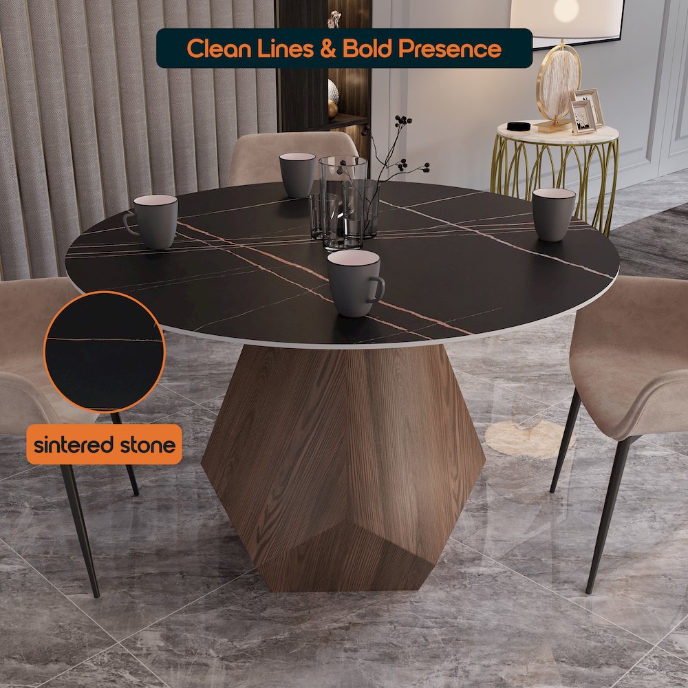 Nebo Modern Dining Table in Walnut Base with Black Sintered Stone  Top. Picture 2