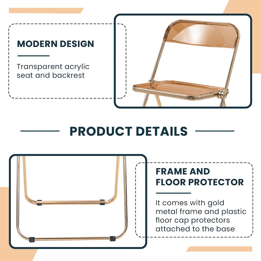 Lawrence Acrylic Folding Chair With Gold Metal Frame, Set of 2. Picture 20