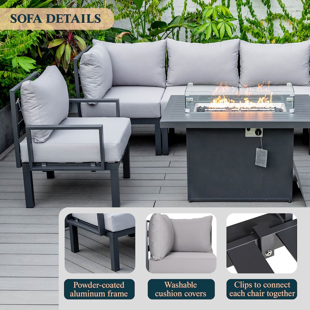 Chelsea 7-Piece Patio Sectional And Fire Pit Table Black Aluminum With Cushions. Picture 39