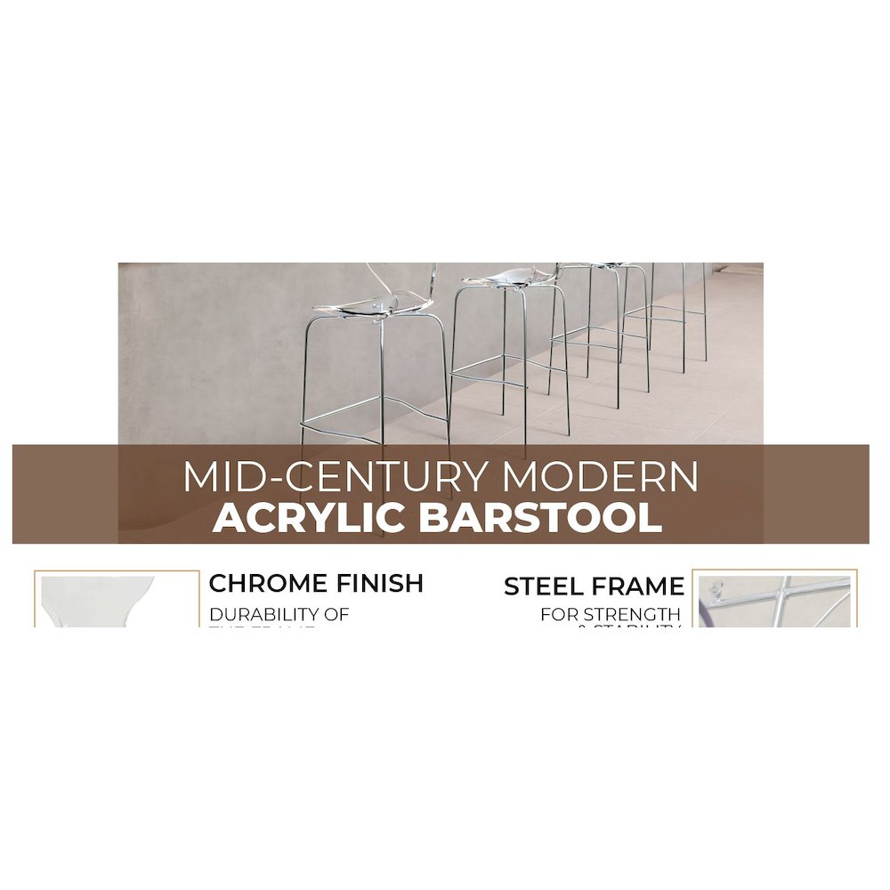 Oyster Acrylic Barstool with Steel Frame in Chrome Finish in Smoke. Picture 19