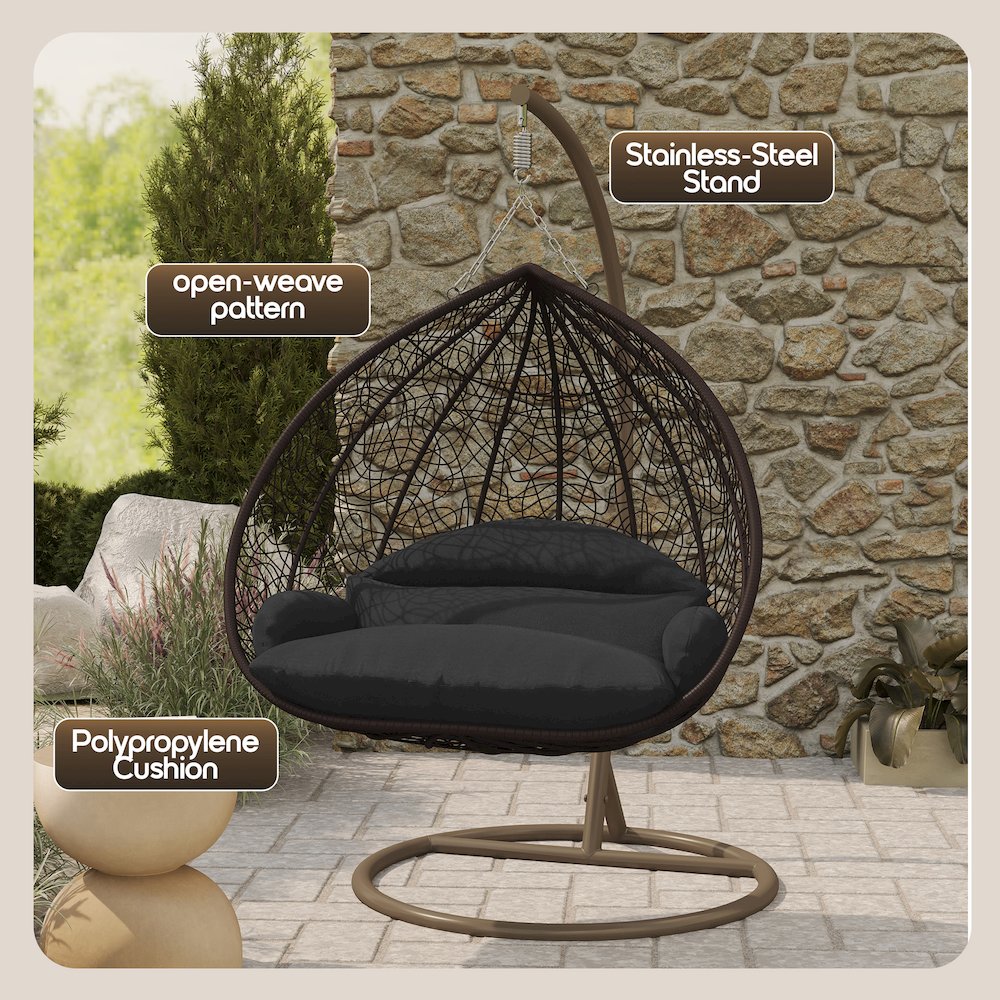 Recluse Collection Modern Outdoor Swing Chair Brown Frame with Black Cushion. Picture 4